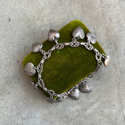 Vintage Sterling Silver Puffy Heart Charm Bracelet