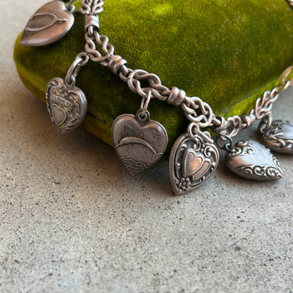 Vintage Sterling Silver Puffy Heart Charm Bracelet