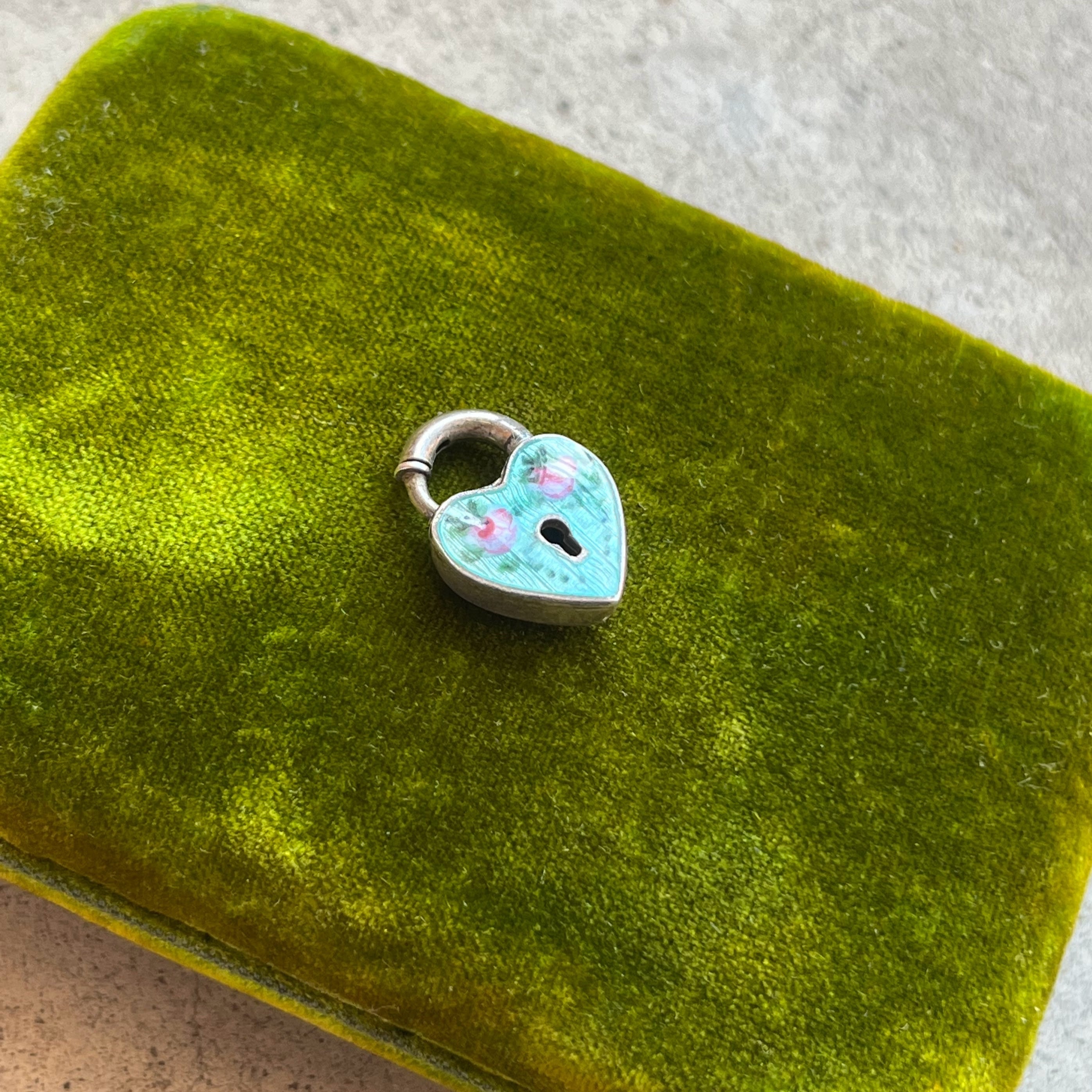c. 1910s-1920s Sterling Silver Guilloche Enamel Heart Padlock Clasp / Pendant