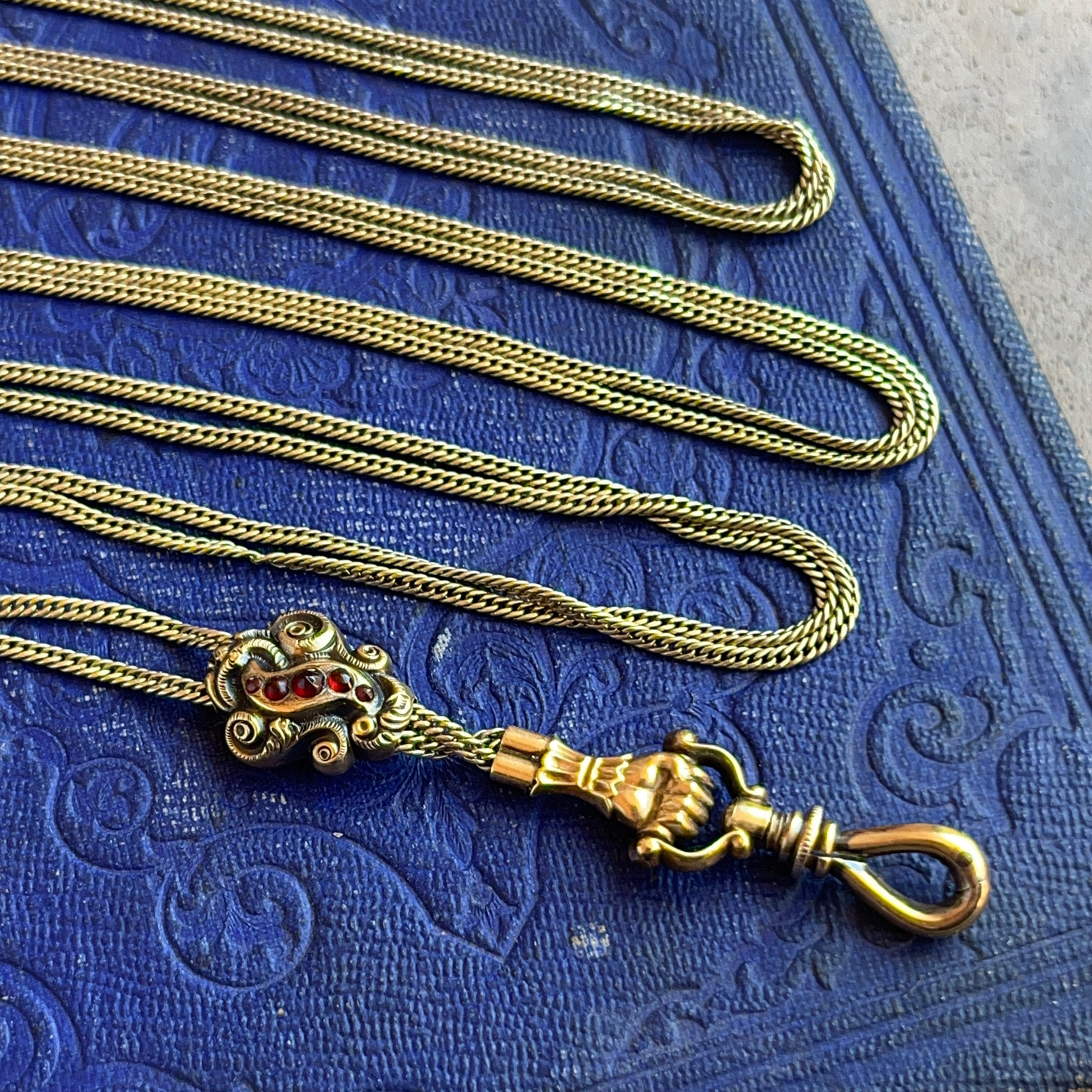 14k Gold Georgian Figural Fist Long Guard Chain