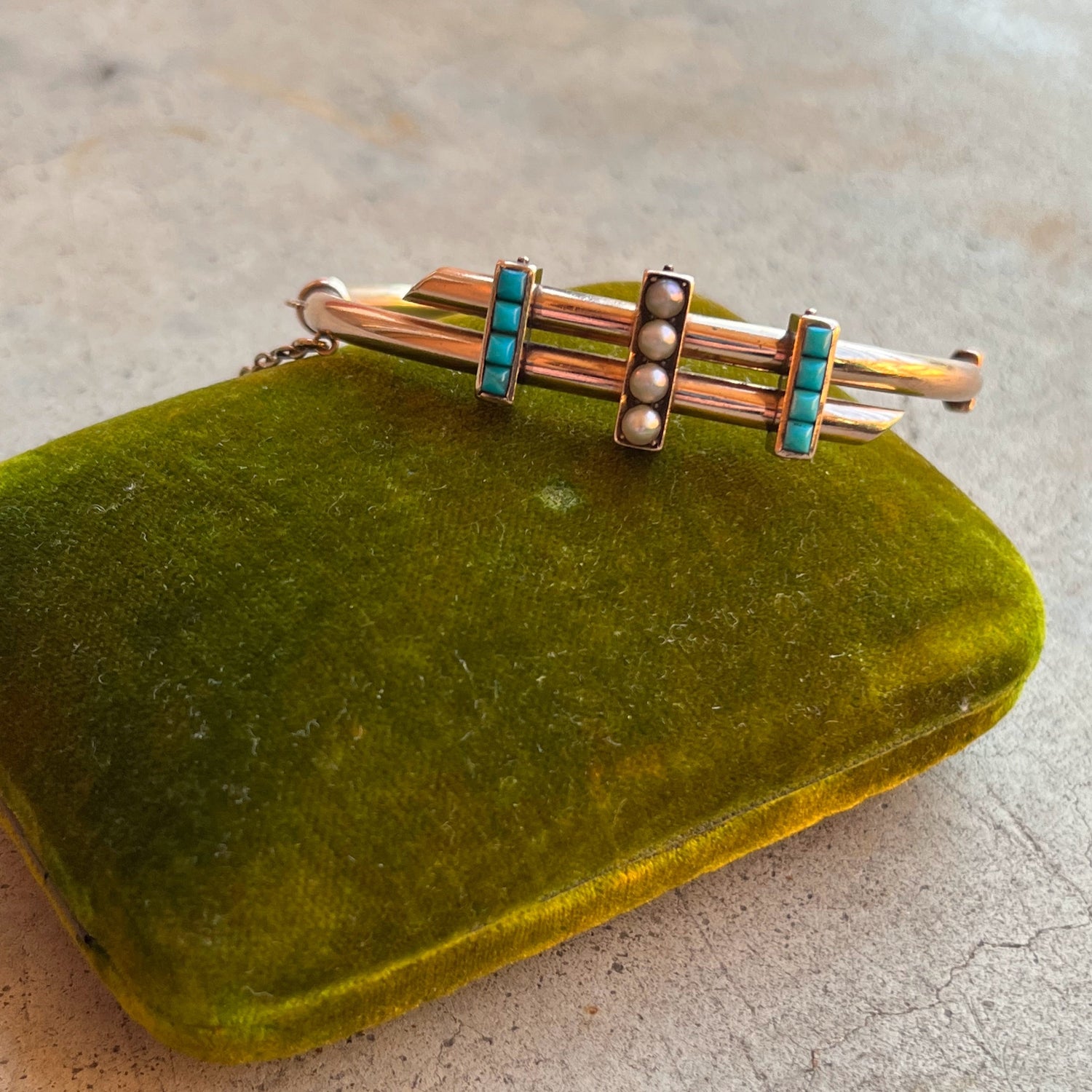c. 1880s 14k Gold Turquoise Pearl Hinged Bangle Bracelet