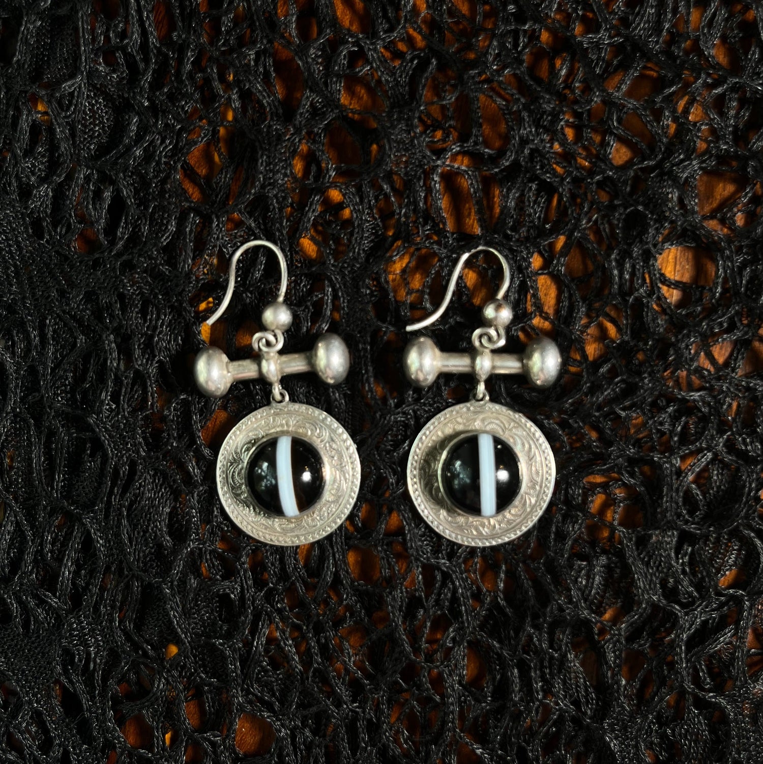 19th Century Sterling Silver Banded Agate Earrings