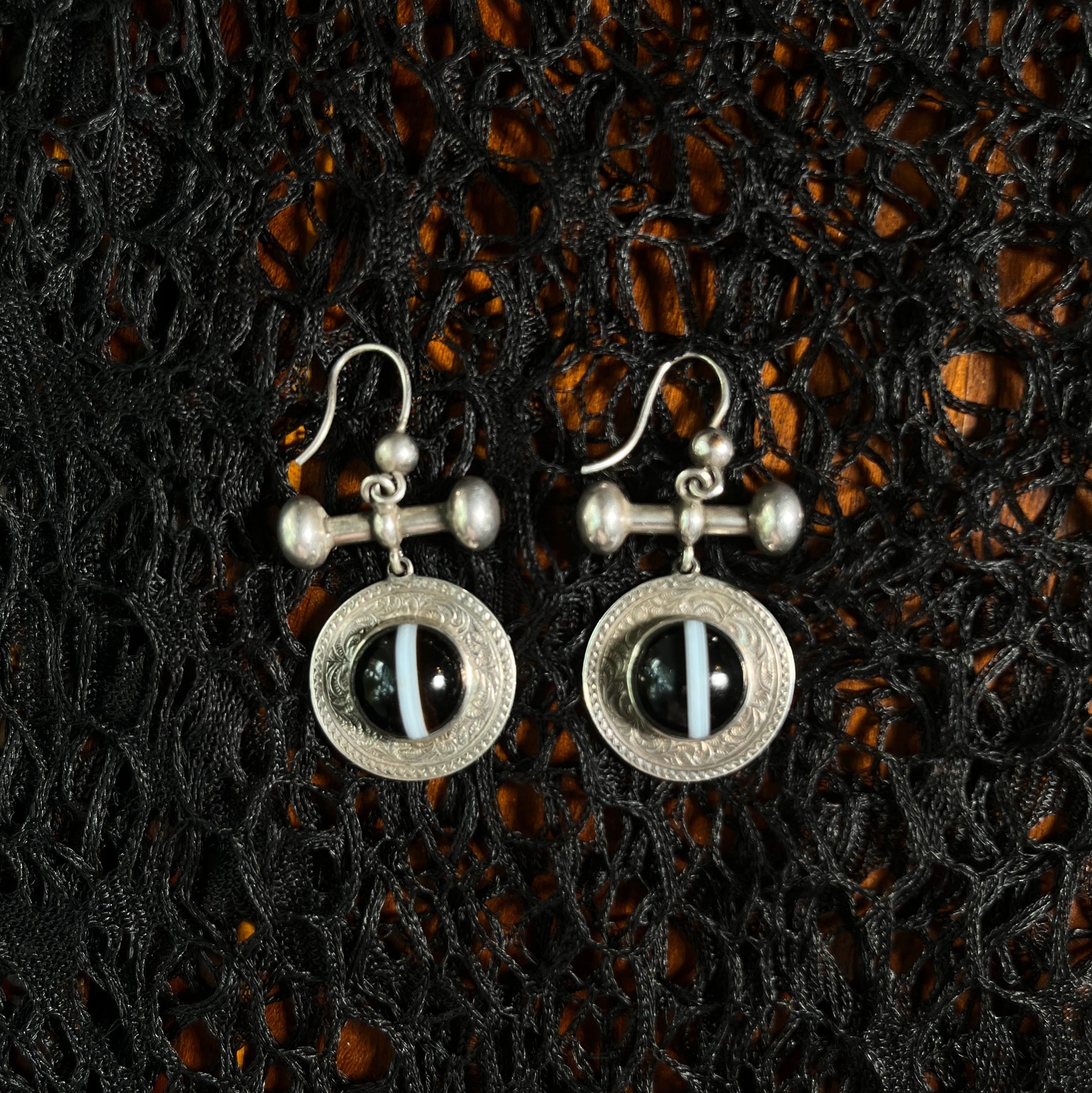 19th Century Sterling Silver Banded Agate Earrings