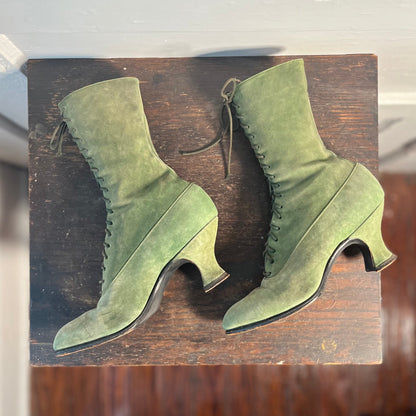 c. 1910s-1920s Green Suede Booots