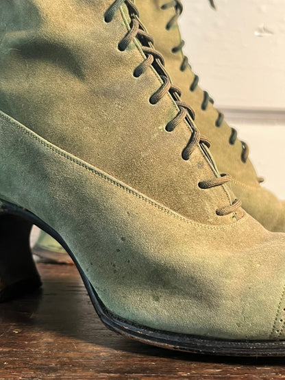 c. 1910s-1920s Green Suede Booots