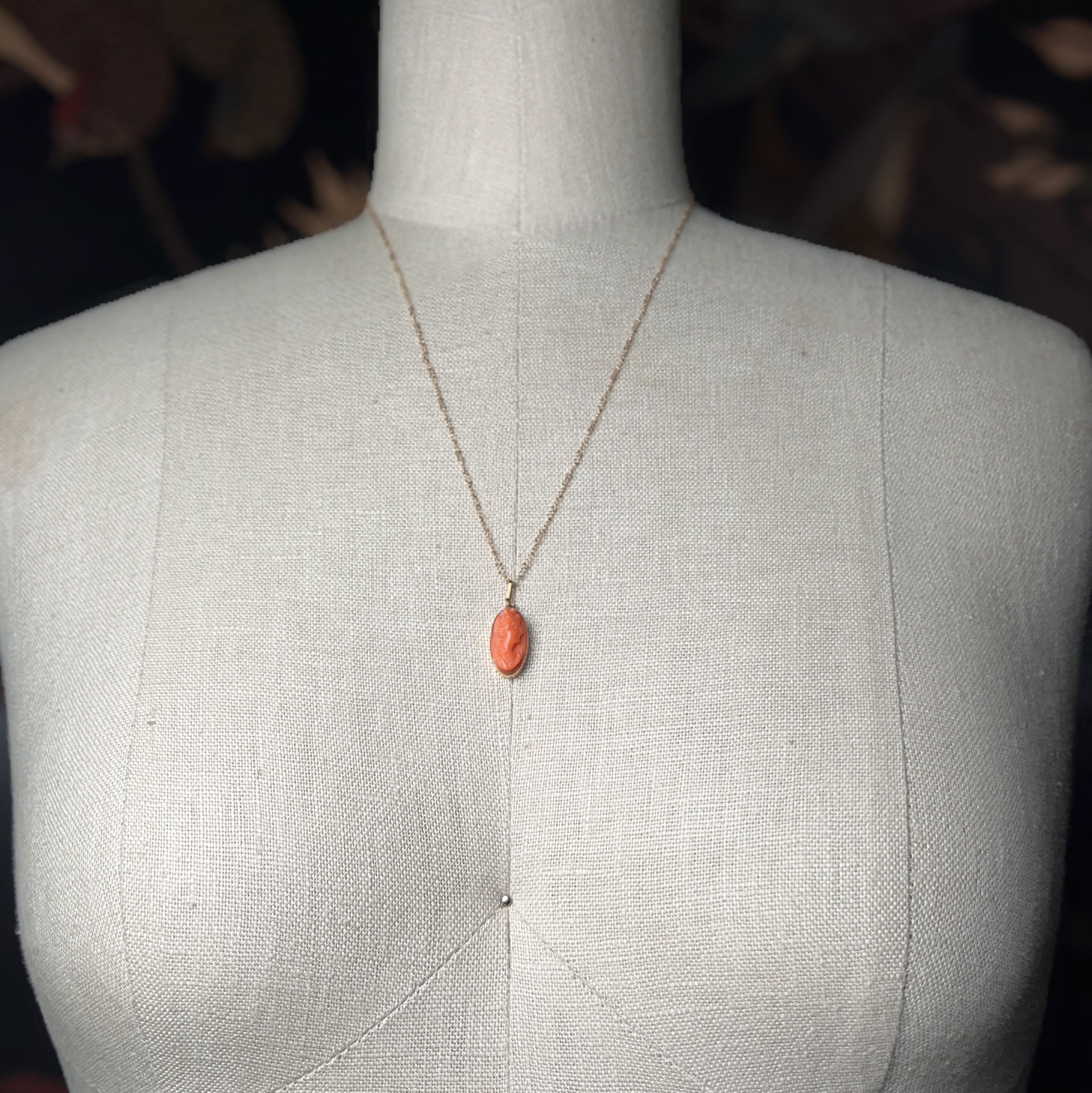 c. 1910s 14k Gold Carved Coral Goddess Diana Cameo Pendant