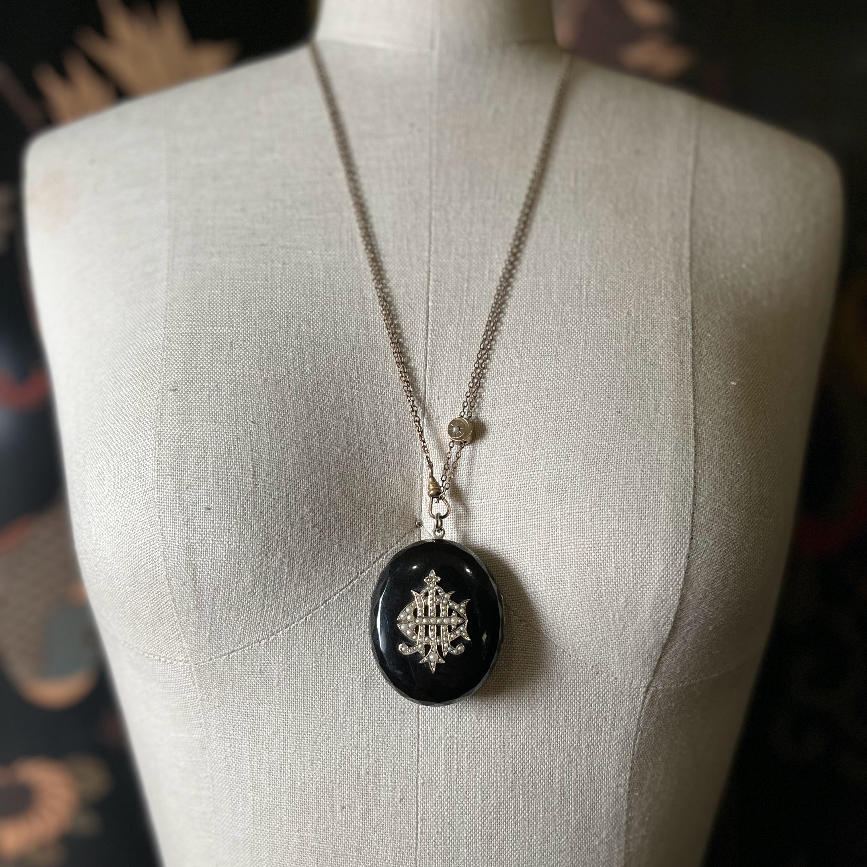 RESERVED c. 1870s-1880s Faceted Jet + Split Pearl AEI Locket