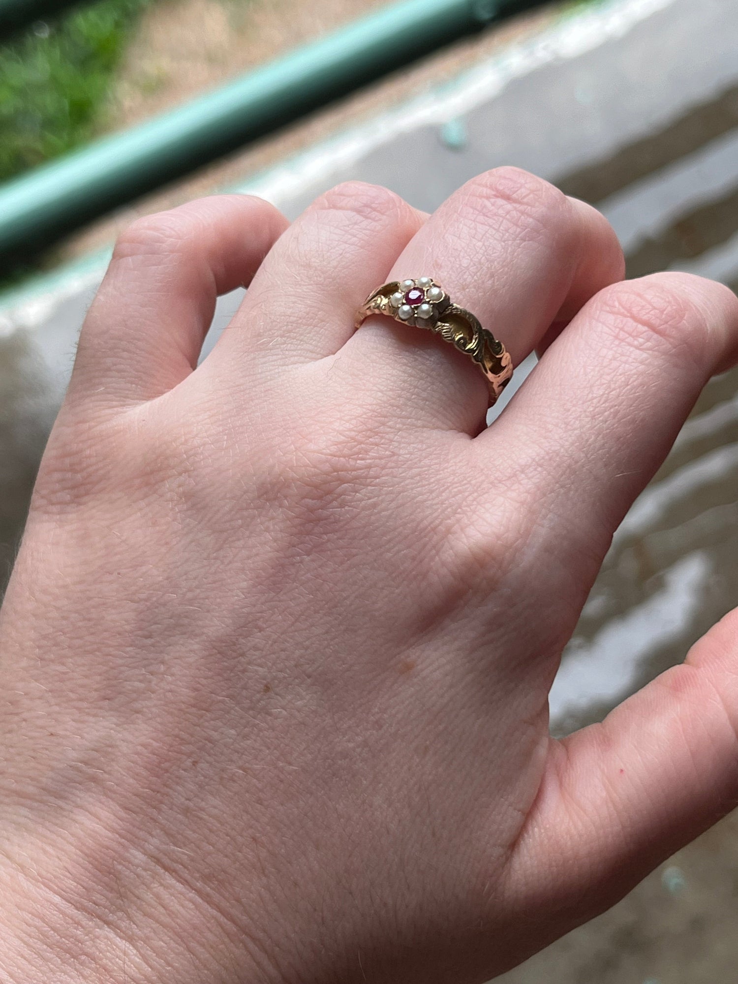 1862 15k Gold Ruby Pearl Ring | Space for Hairwork