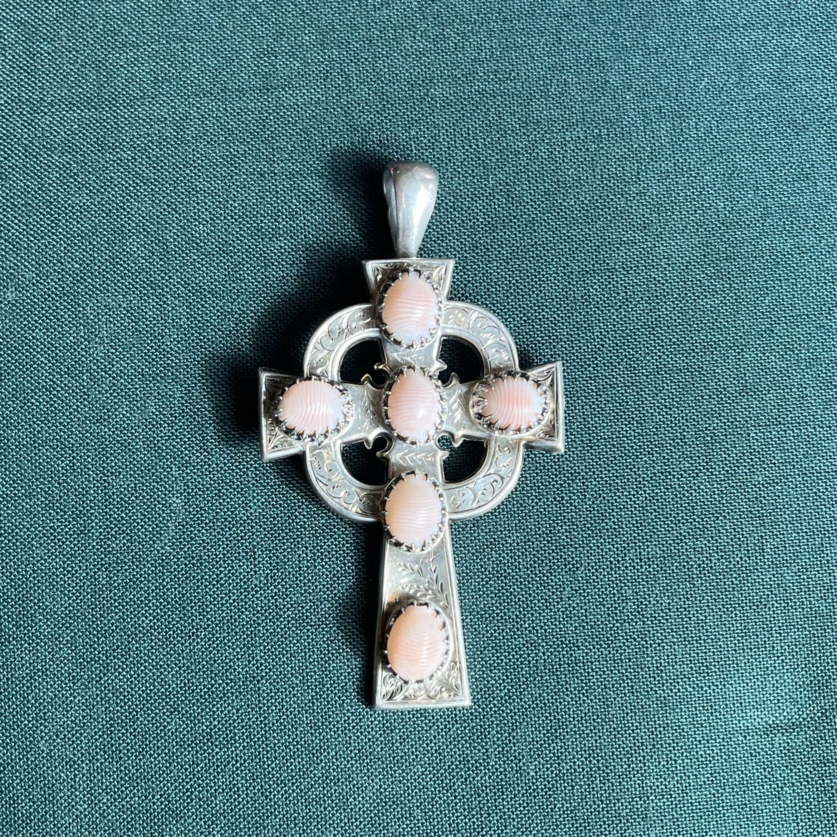 19th c. Silver Cross + Pink Shells Pendant