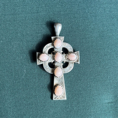 19th c. Silver Cross + Pink Shells Pendant