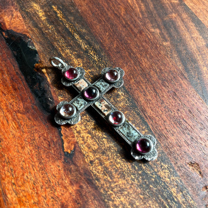 19th c. Sterling Silver Scottish Granite + Gemstone Cross Pendant
