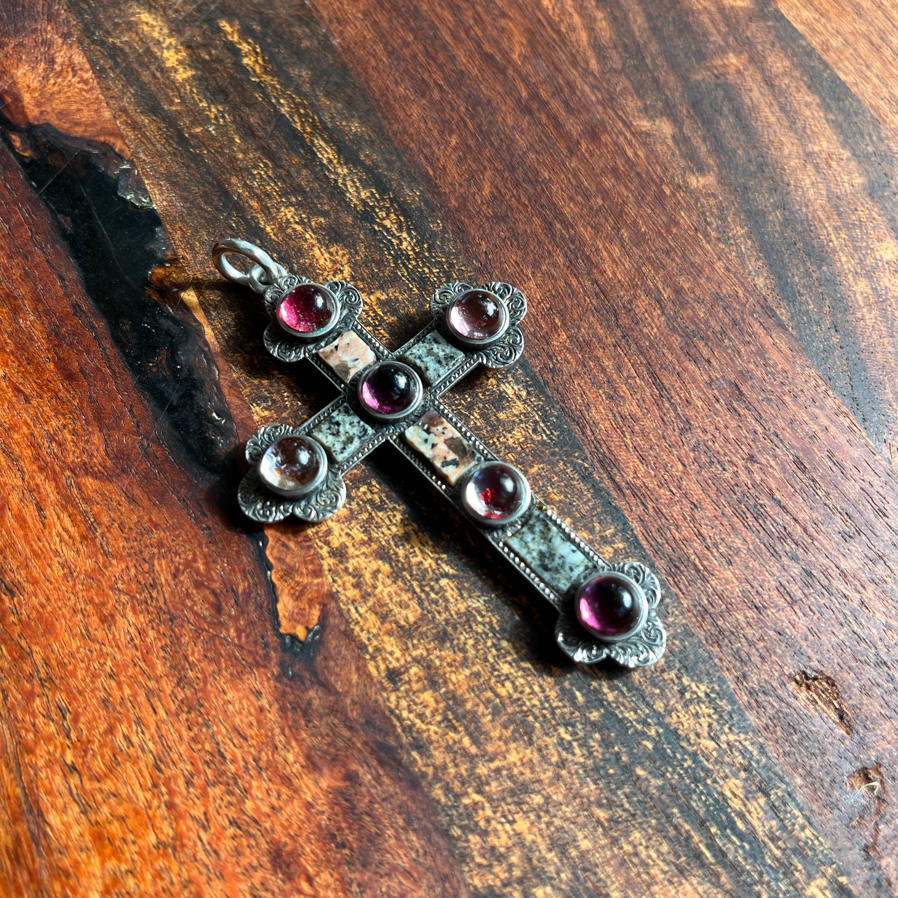 19th c. Sterling Silver Scottish Granite + Gemstone Cross Pendant