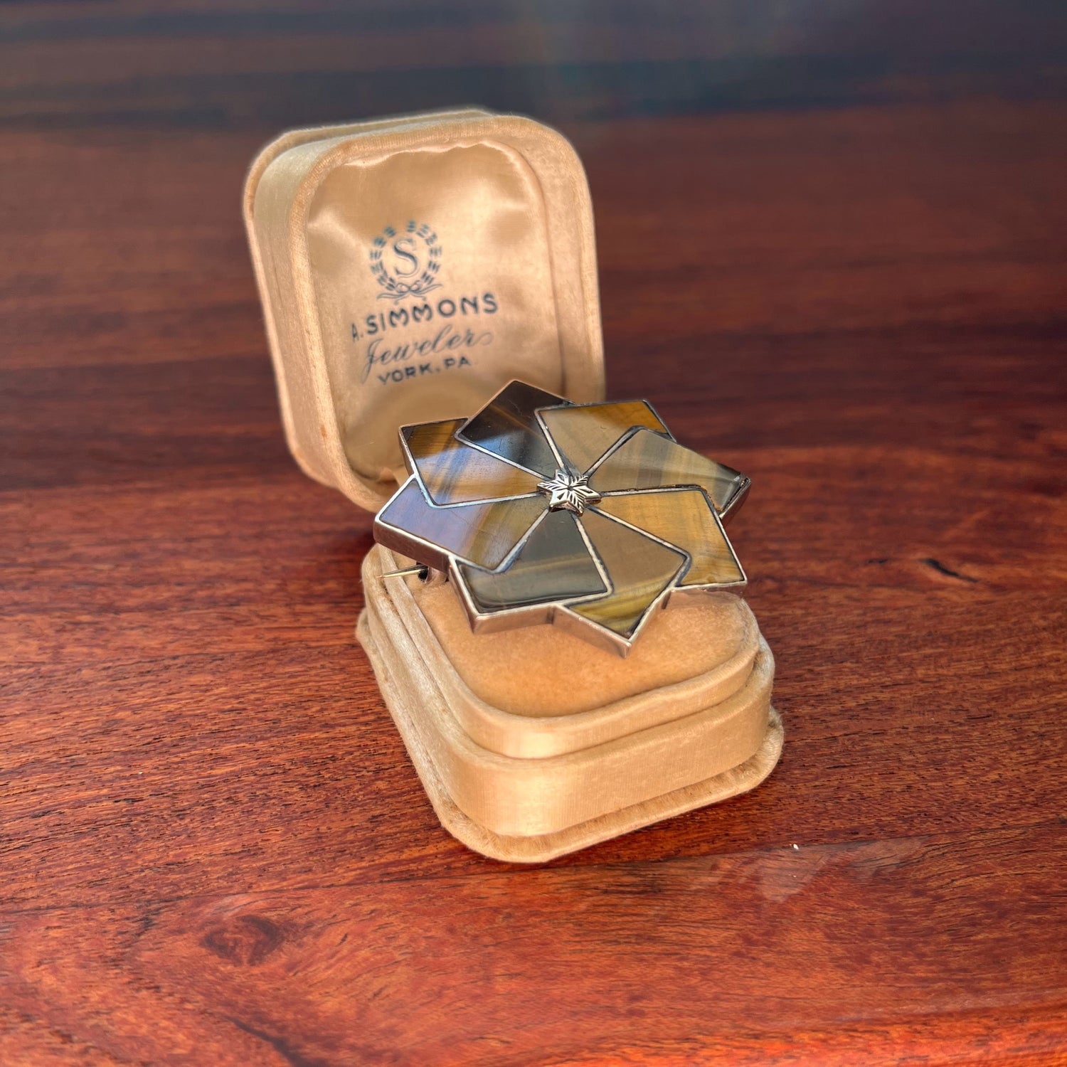 19th c. Sterling Silver Tigers Eye Star Brooch