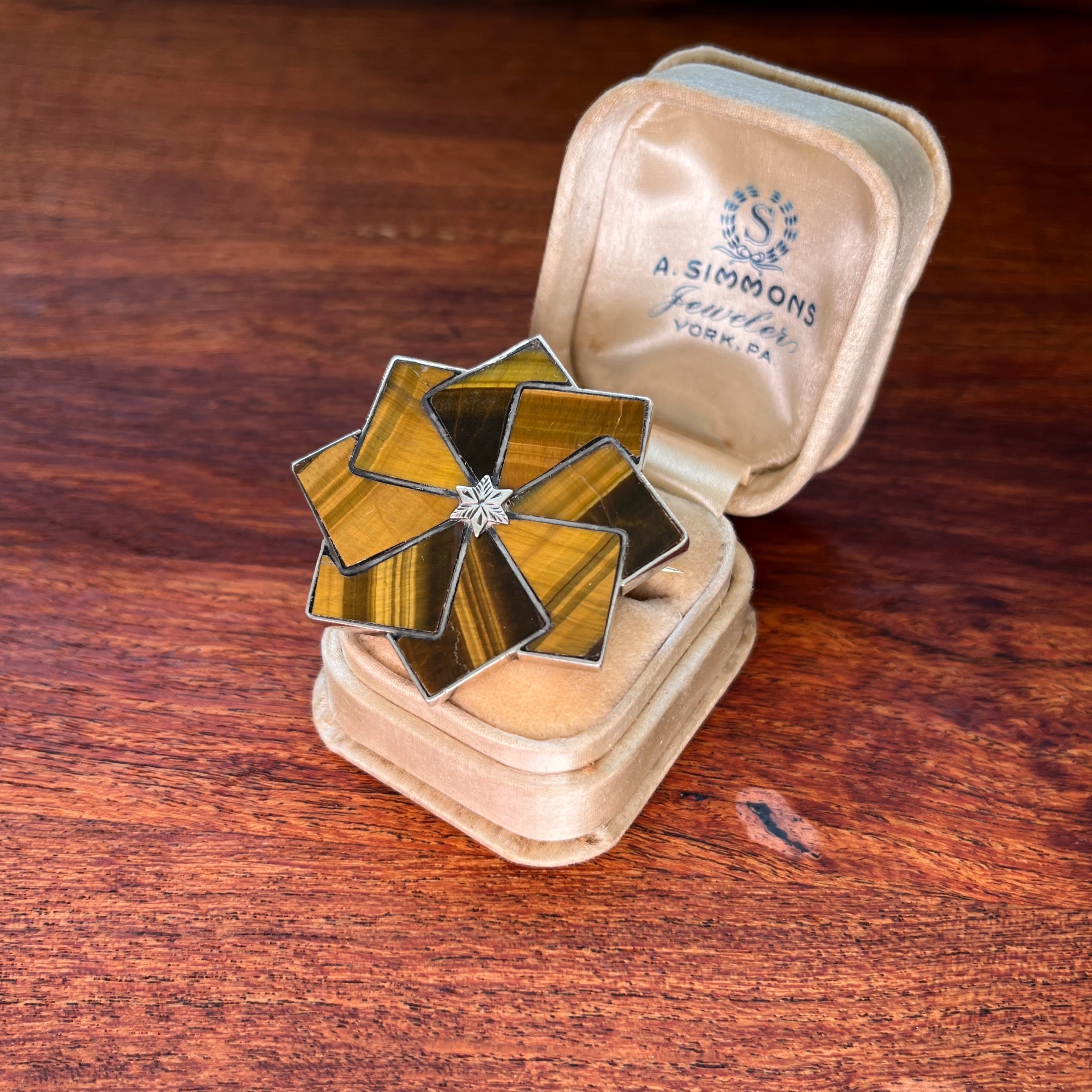 19th c. Sterling Silver Tigers Eye Star Brooch
