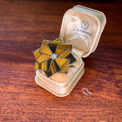 19th c. Sterling Silver Tigers Eye Star Brooch
