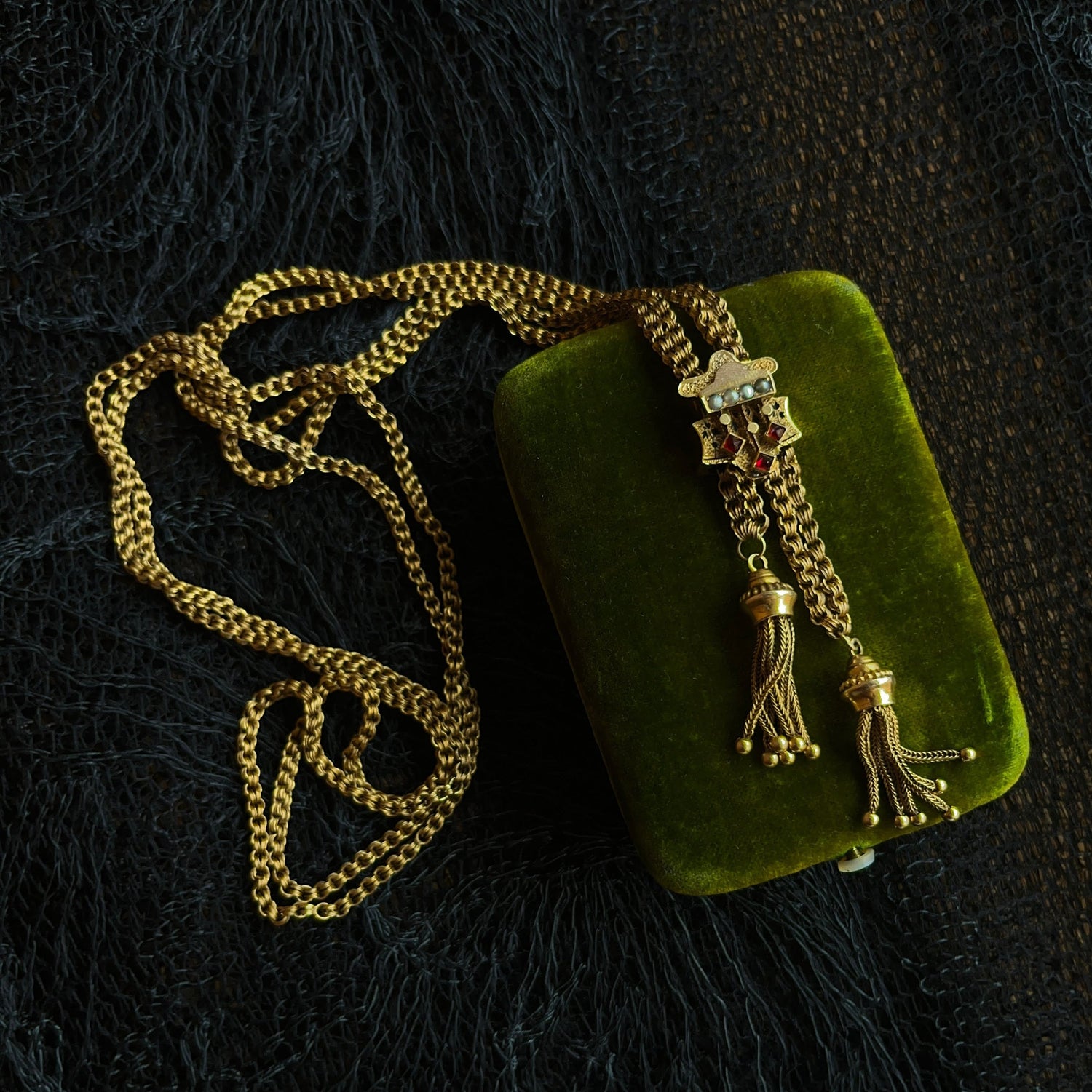 c. 1880s 14k Gold Tassel Slide Chain Necklace