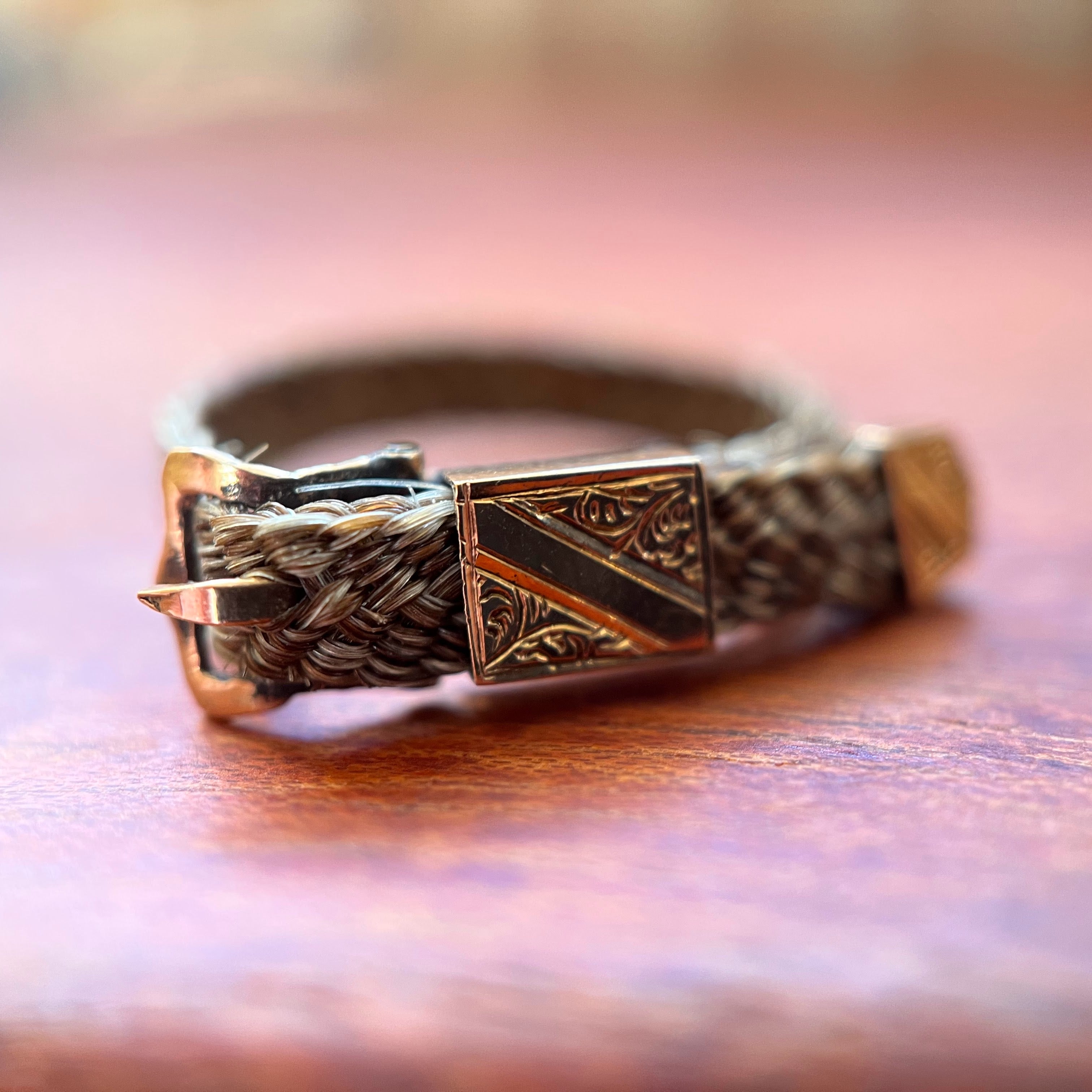 c. 1860s-1880s Woven Hair + 14k Buckle Ring