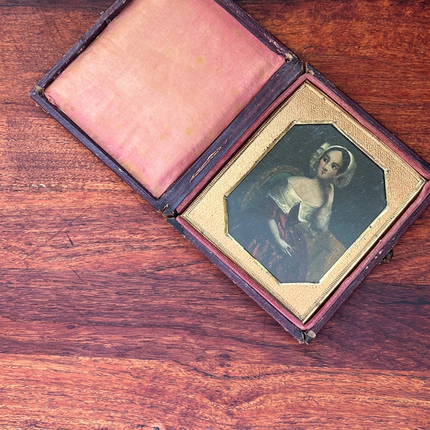 c. 1840s Oil Painting Portrait in Leather Case