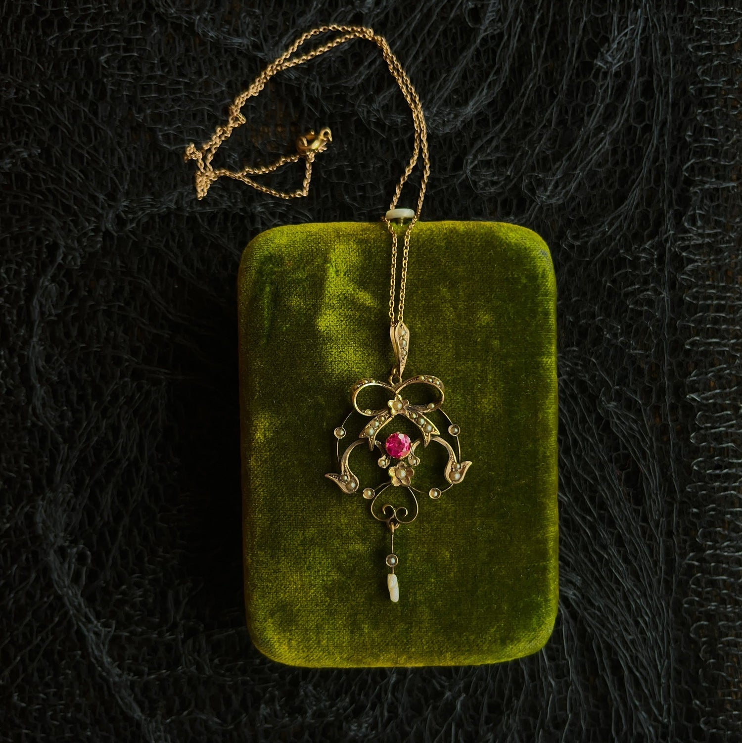 c. 1900s-1910s 9k Gold Ruby Pearl Necklace
