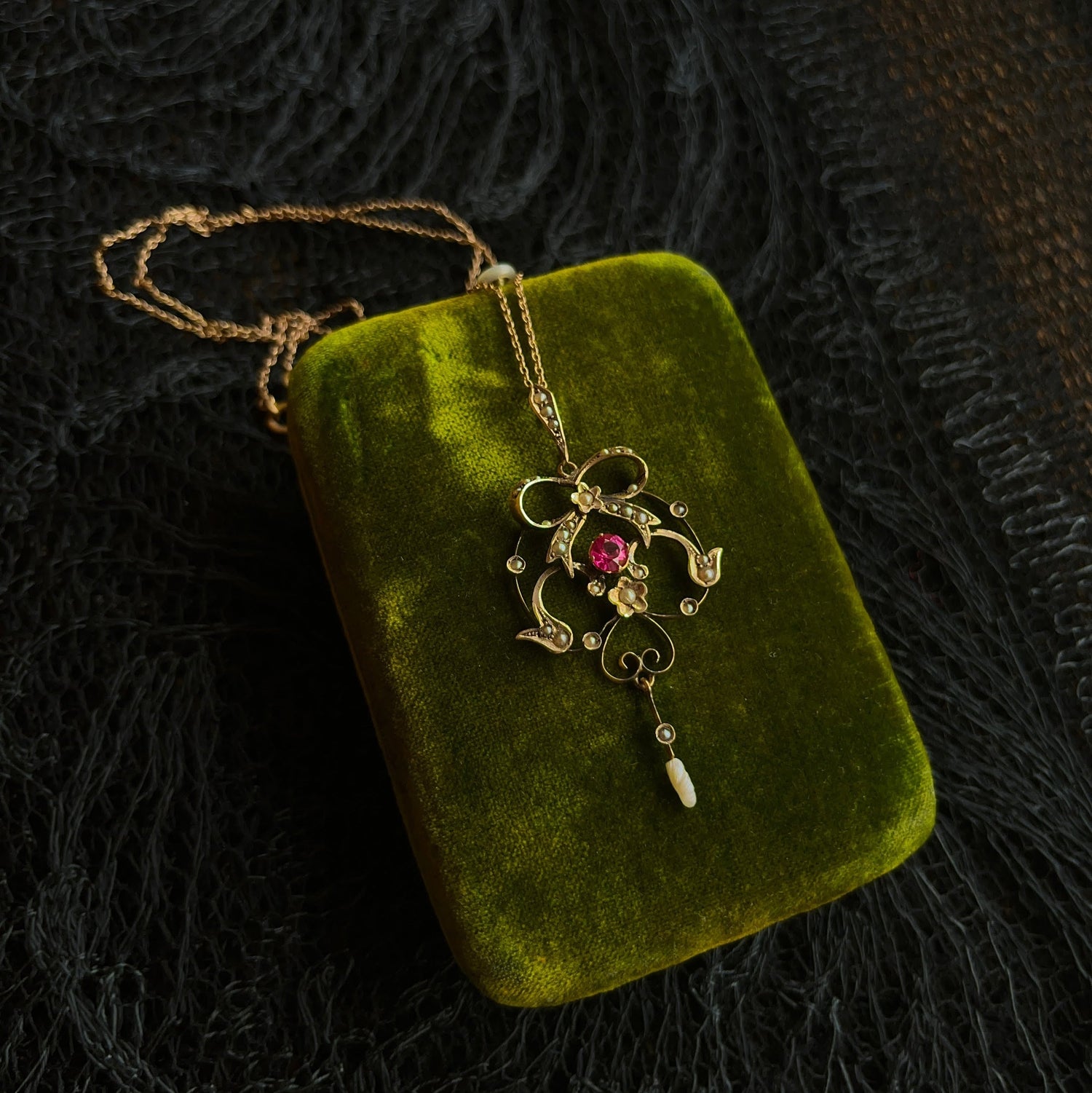 c. 1900s-1910s 9k Gold Ruby Pearl Necklace