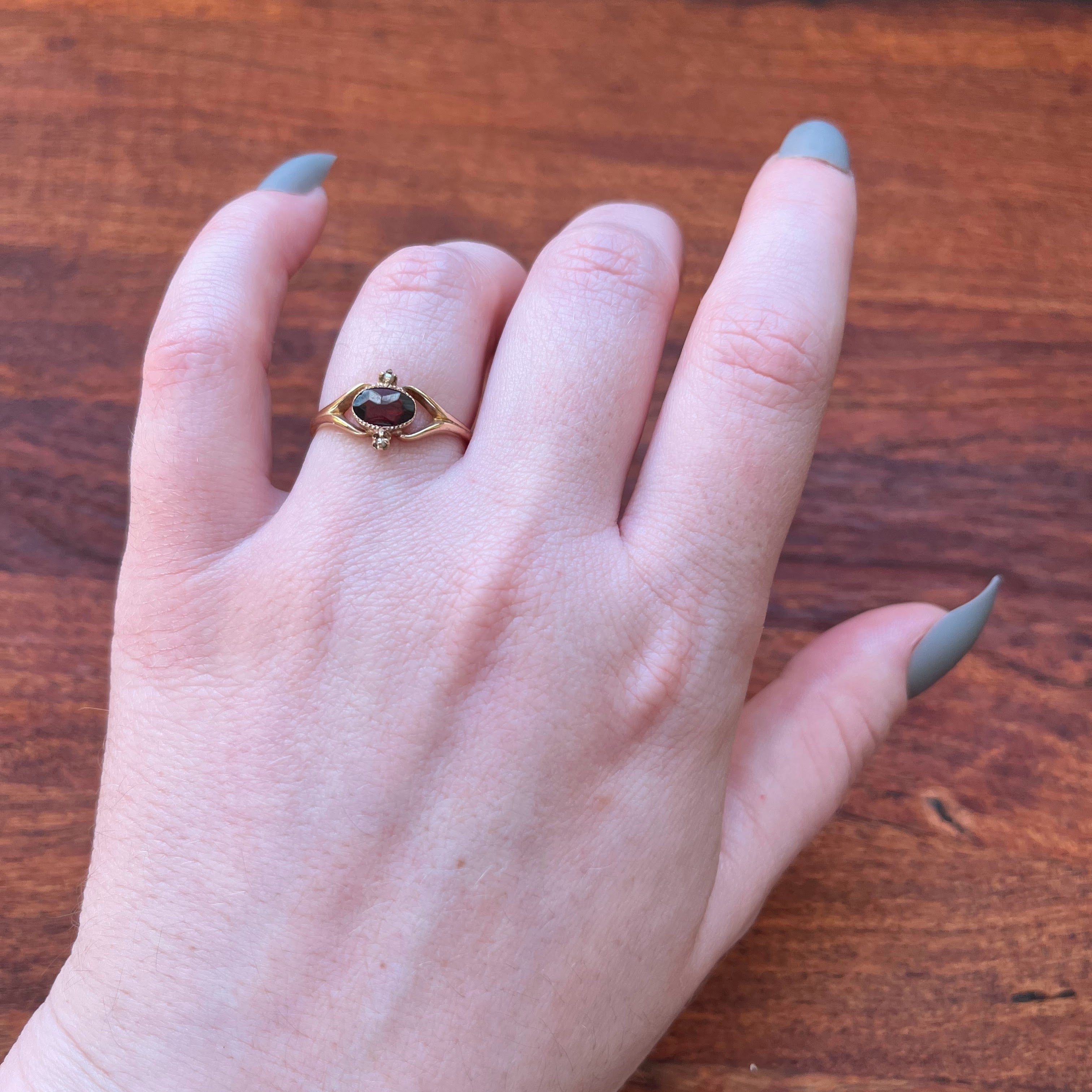 19th c. 10k Gold Garnet + Sed Pearl Ring