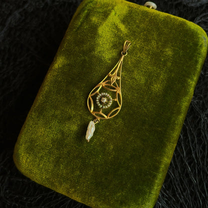 c. 1910s 10k Gold Diamond Pearl Lavalier Pendant