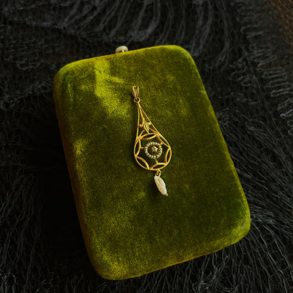 c. 1910s 10k Gold Diamond Pearl Lavalier Pendant