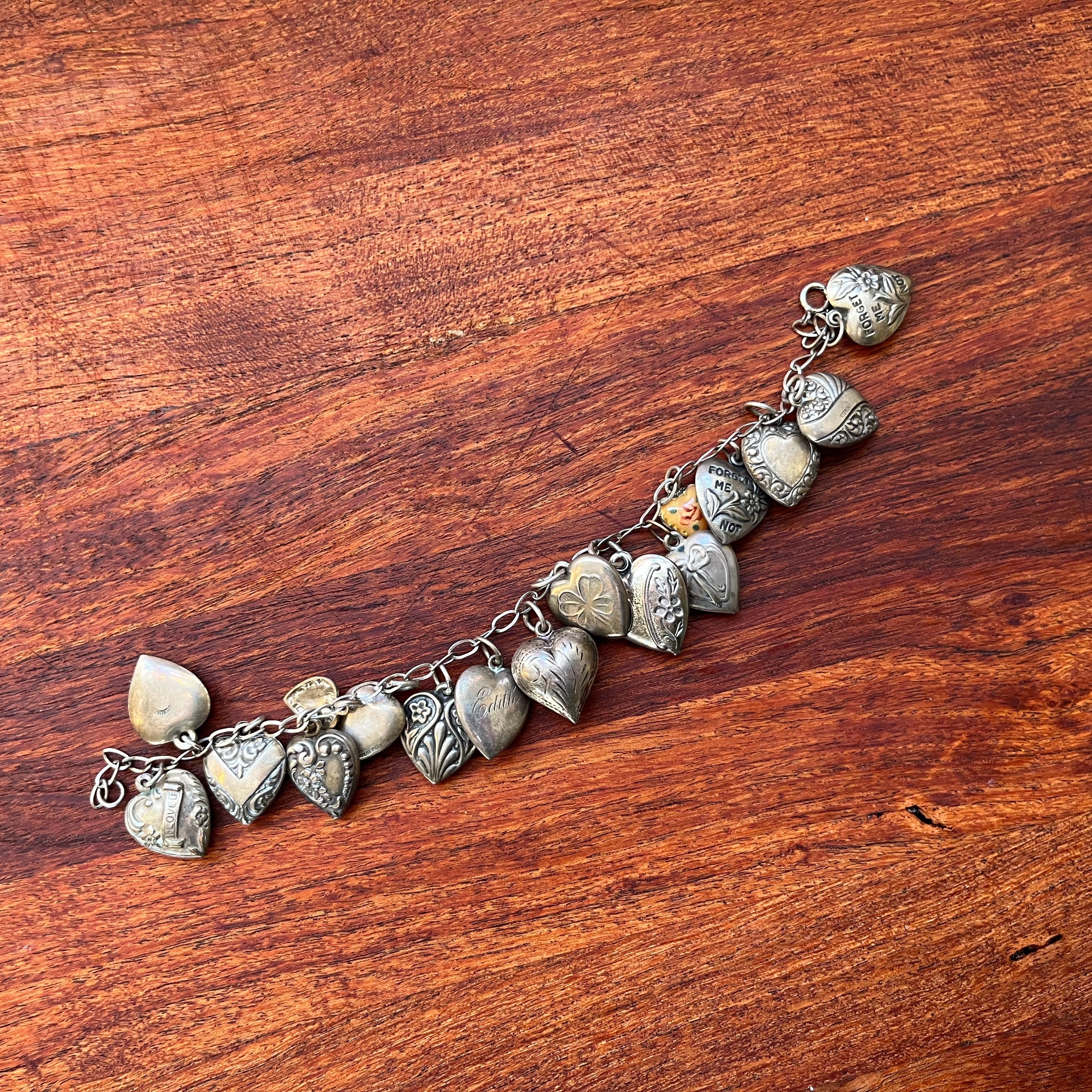 Sterling Silver Charm Bracelet with Edwardian + Victorian Puffy Hearts