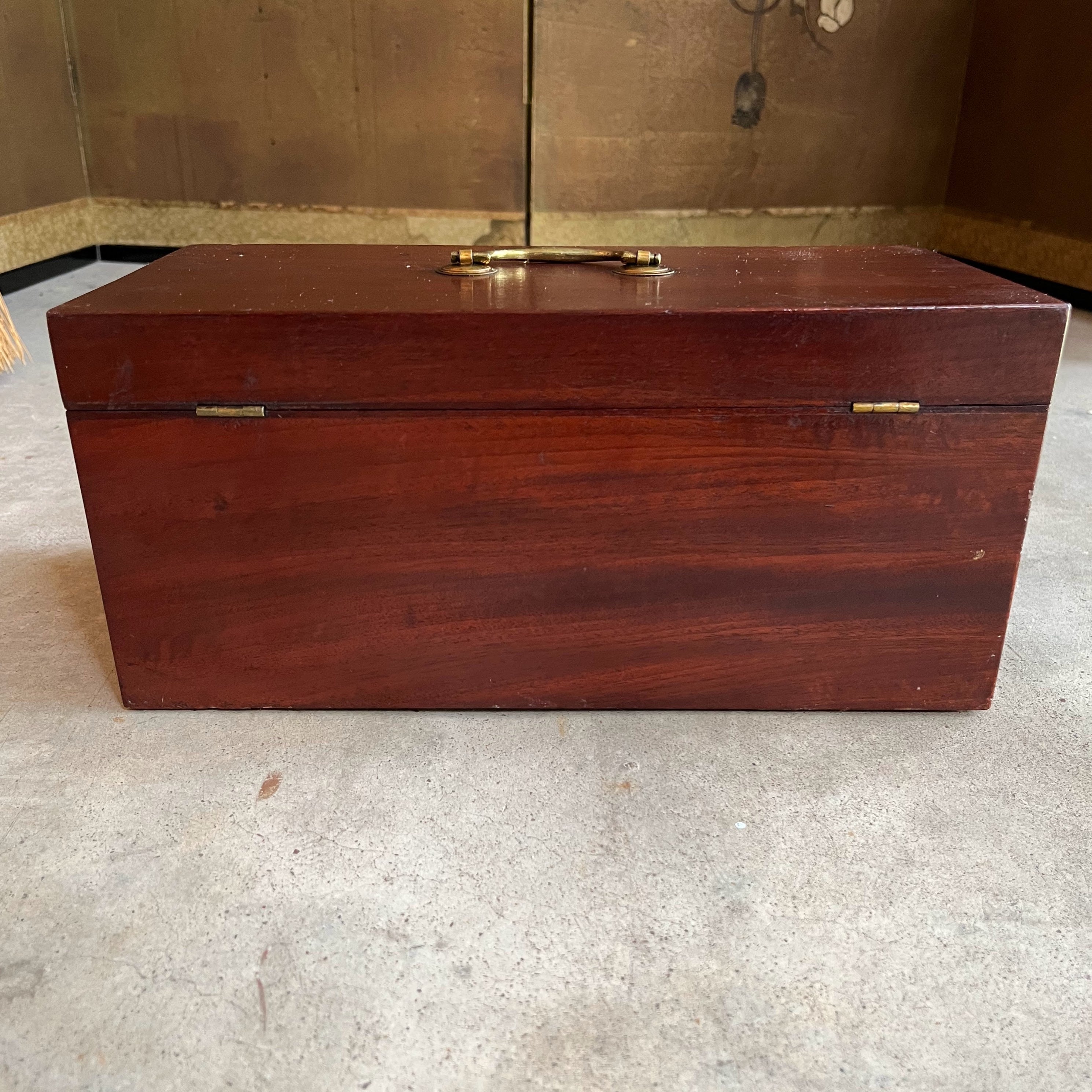1810s Wooden Jewelry Box with Mirror + Key