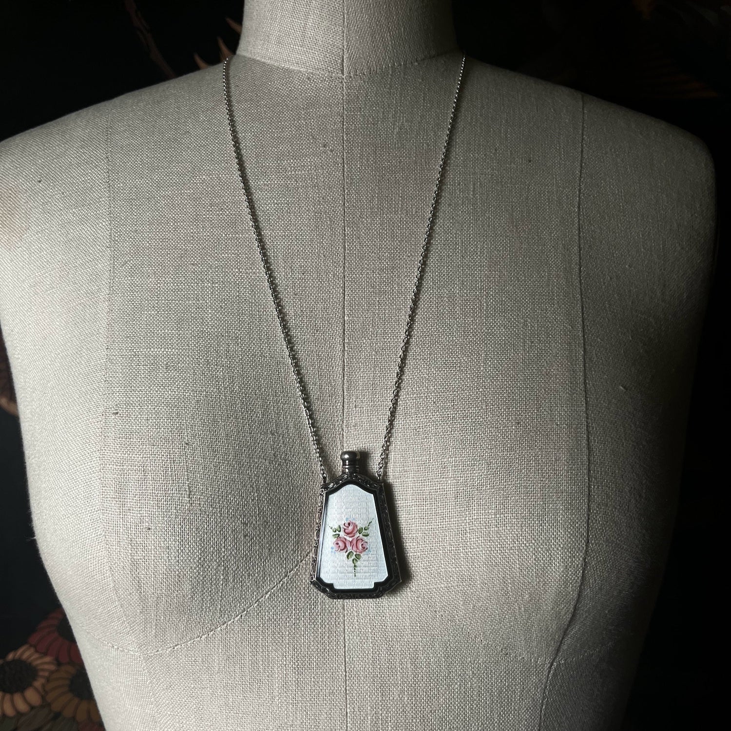 Art Deco Silver Guilloche Enamel Perfume Bottle Necklace