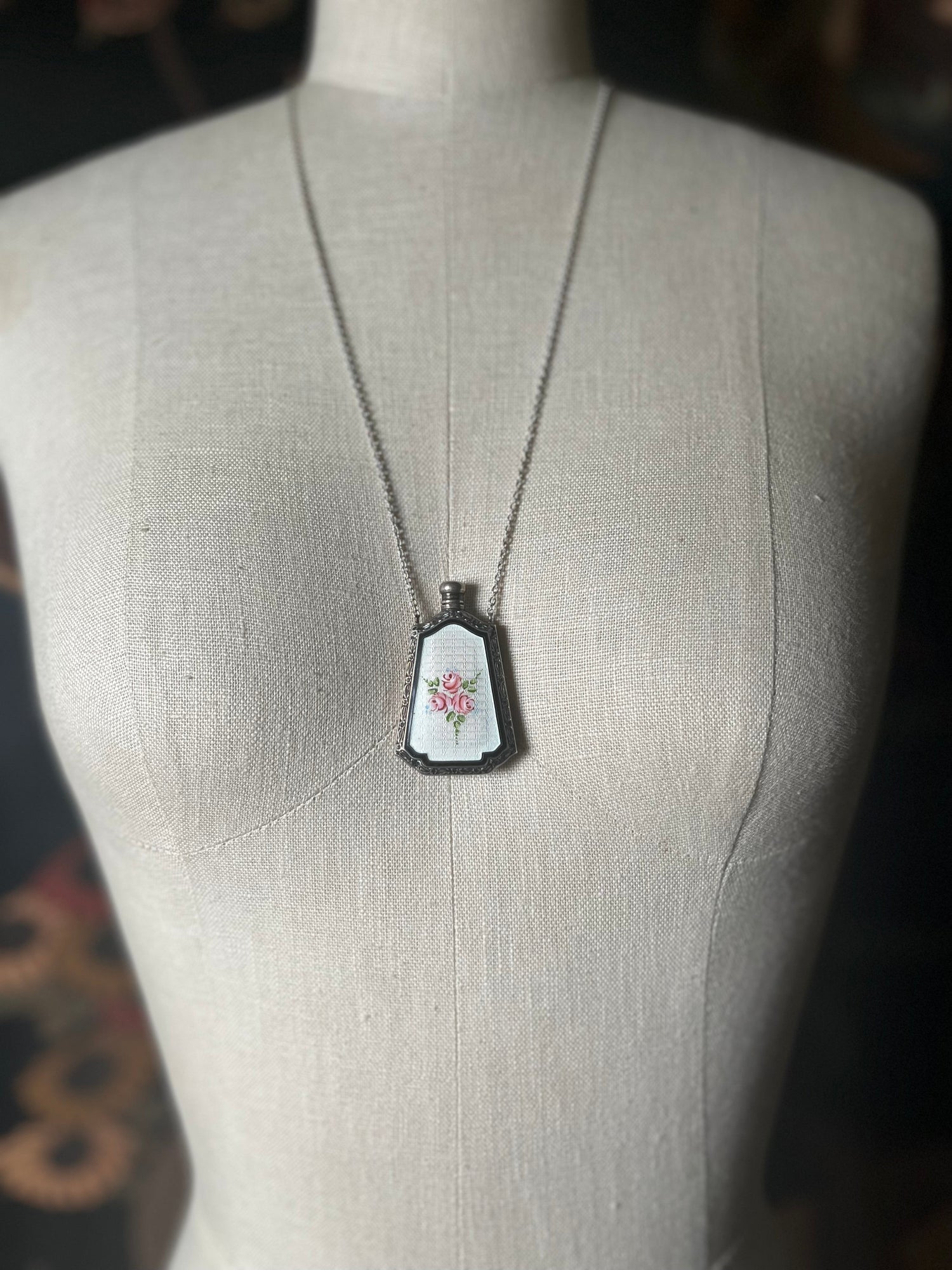 Art Deco Silver Guilloche Enamel Perfume Bottle Necklace
