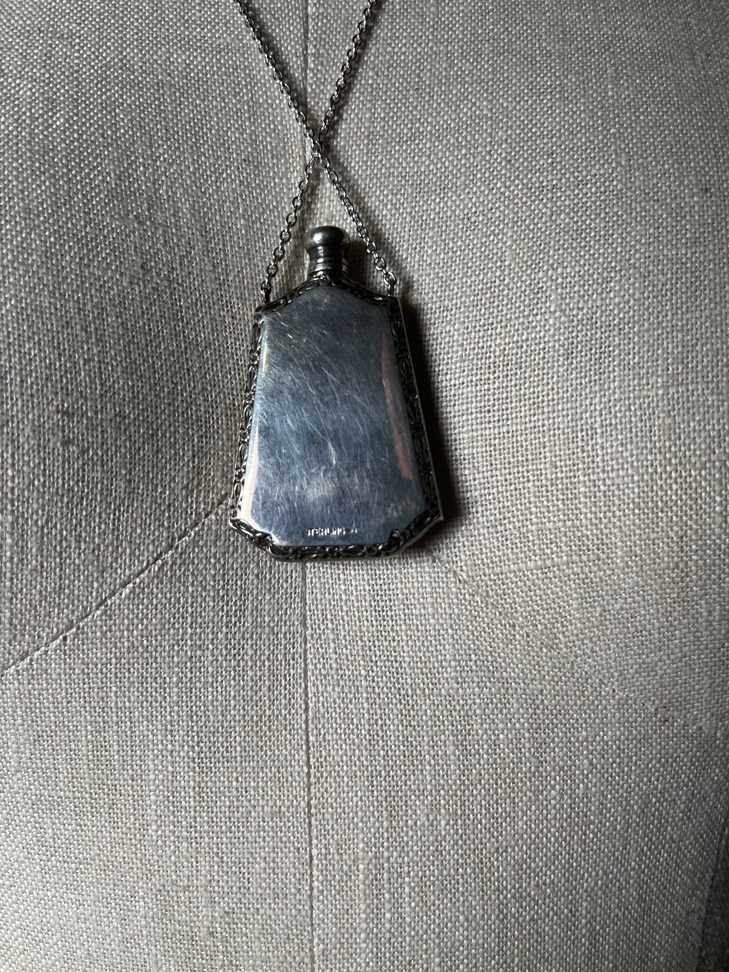 Art Deco Silver Guilloche Enamel Perfume Bottle Necklace