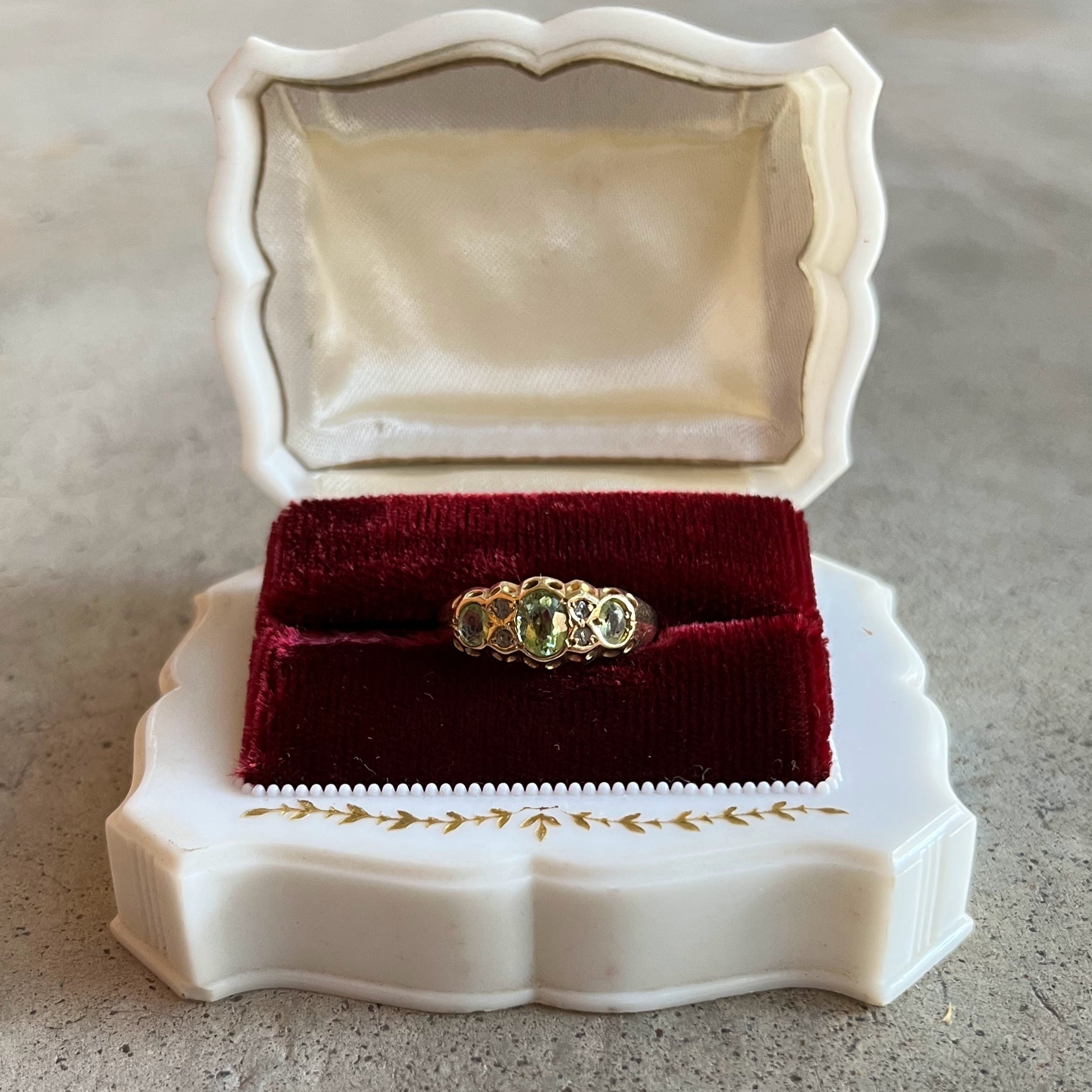 1916 18k Gold Peridot + Diamond Ring