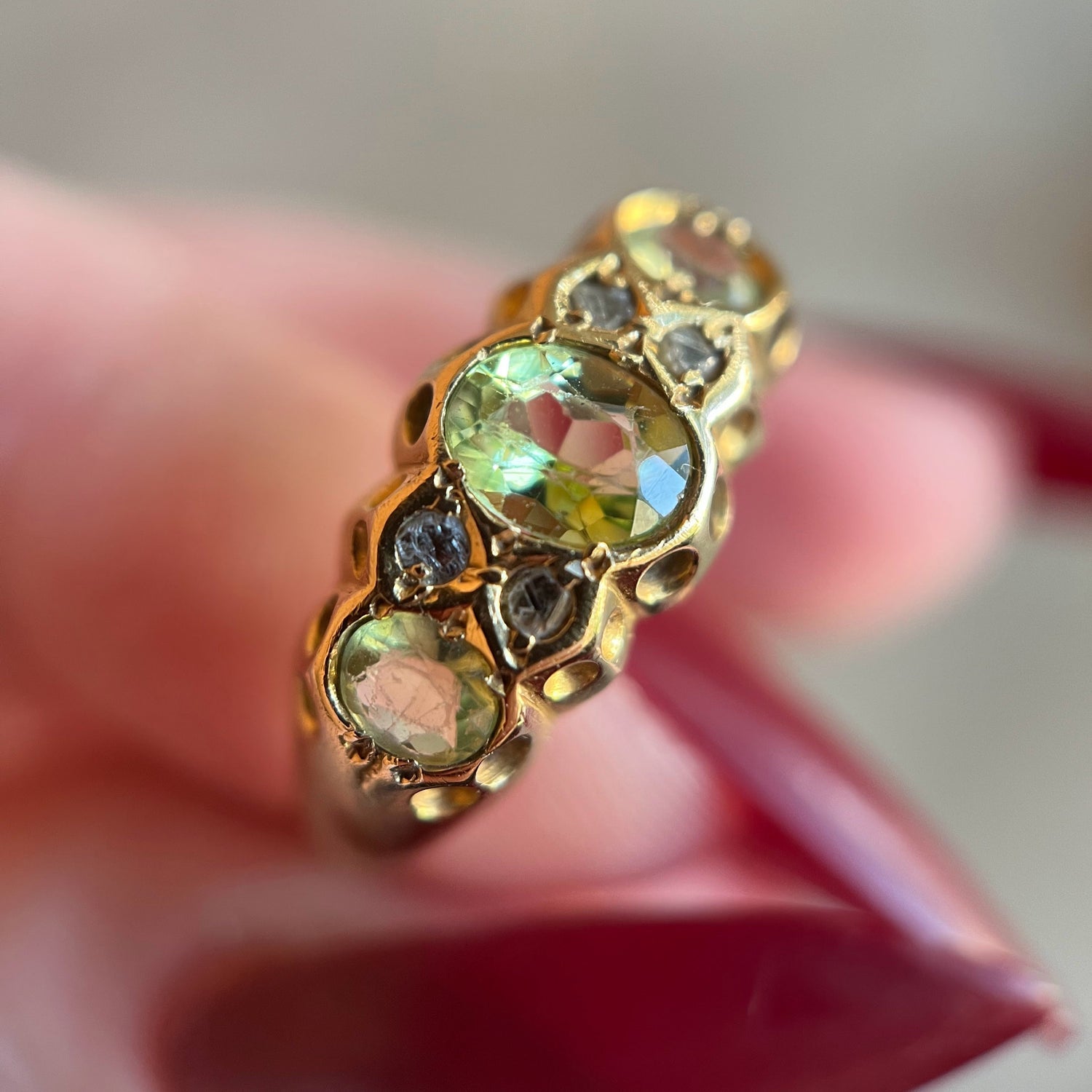 1916 18k Gold Peridot + Diamond Ring