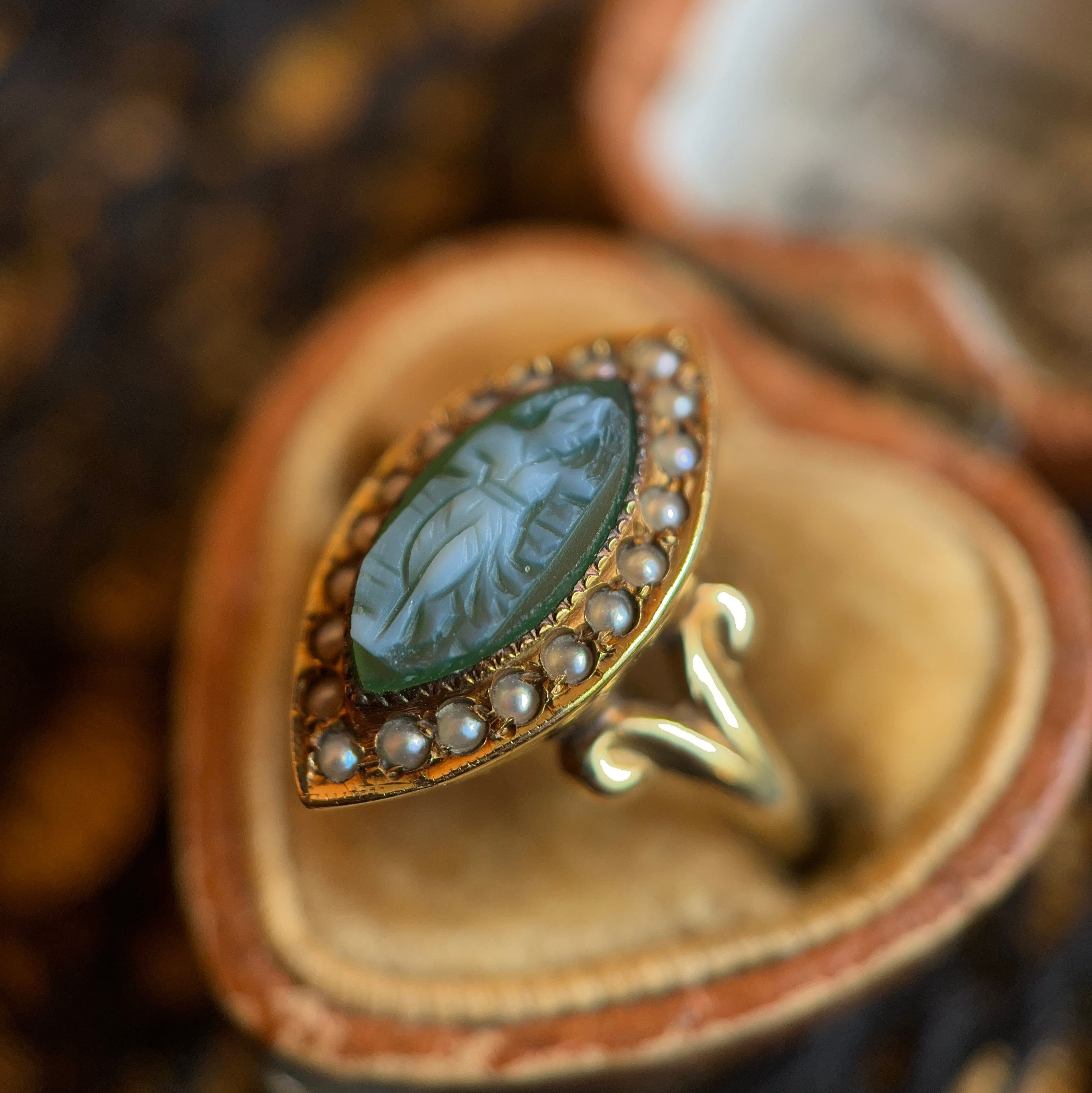 c. 1910s-1920s 14k Gold Green Agate Cameo Ring