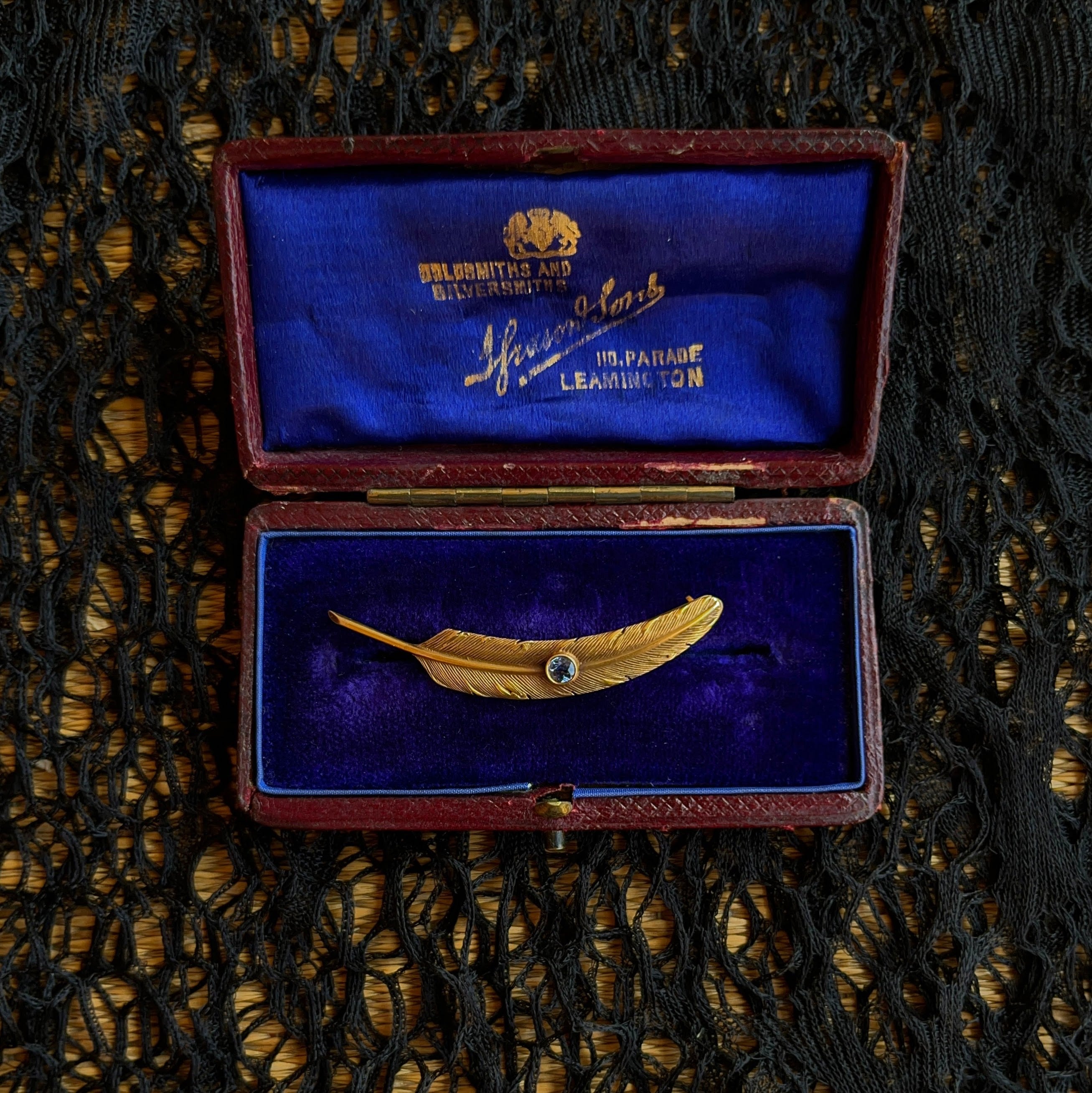 c. 1910s-1920s Wordley Allsopp &amp; Bliss 14K Gold Sapphire Feather Brooch