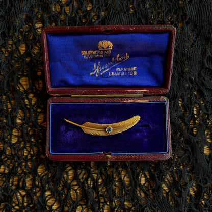 c. 1910s-1920s Wordley Allsopp &amp; Bliss 14K Gold Sapphire Feather Brooch
