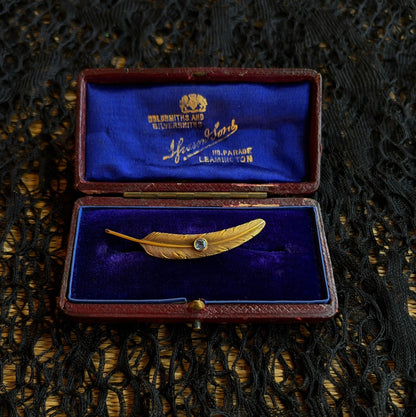 c. 1910s-1920s Wordley Allsopp &amp; Bliss 14K Gold Sapphire Feather Brooch