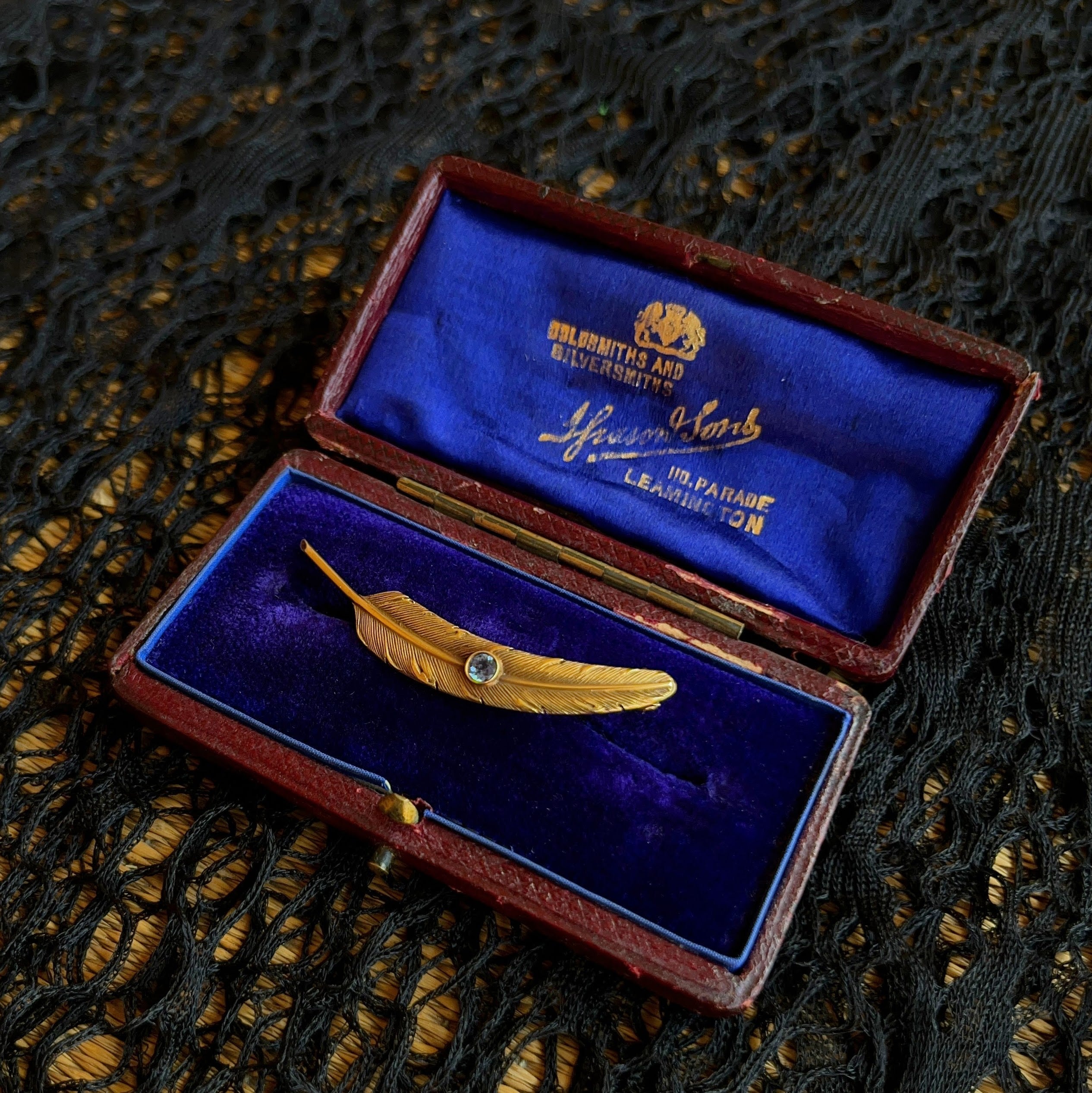 c. 1910s-1920s Wordley Allsopp &amp; Bliss 14K Gold Sapphire Feather Brooch