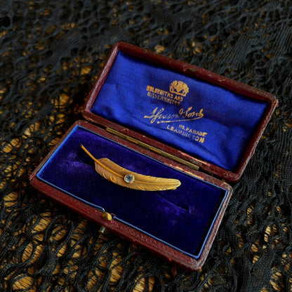 c. 1910s-1920s Wordley Allsopp &amp; Bliss 14K Gold Sapphire Feather Brooch
