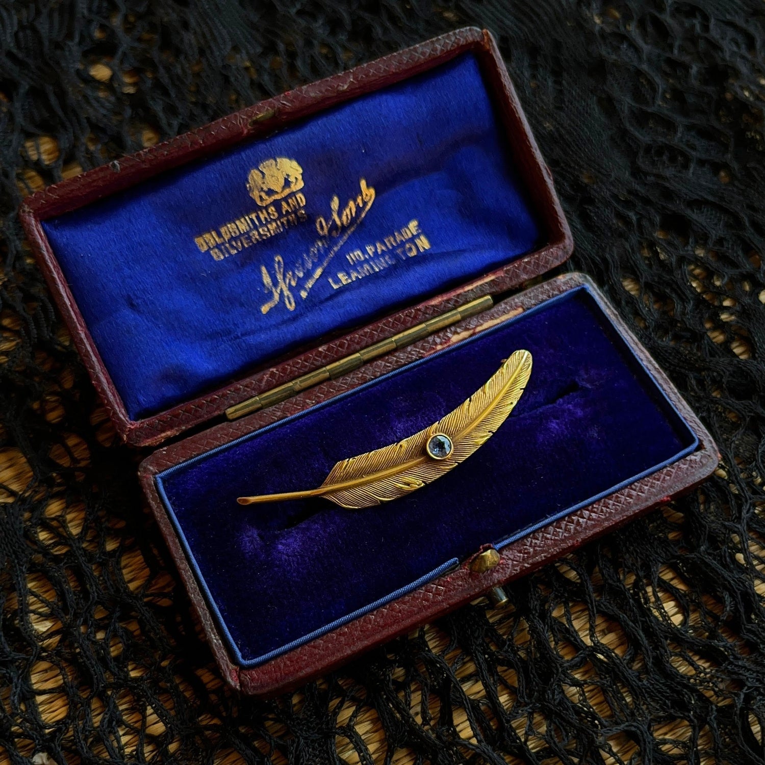 c. 1910s-1920s Wordley Allsopp &amp; Bliss 14K Gold Sapphire Feather Brooch