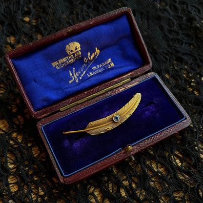 c. 1910s-1920s Wordley Allsopp &amp; Bliss 14K Gold Sapphire Feather Brooch