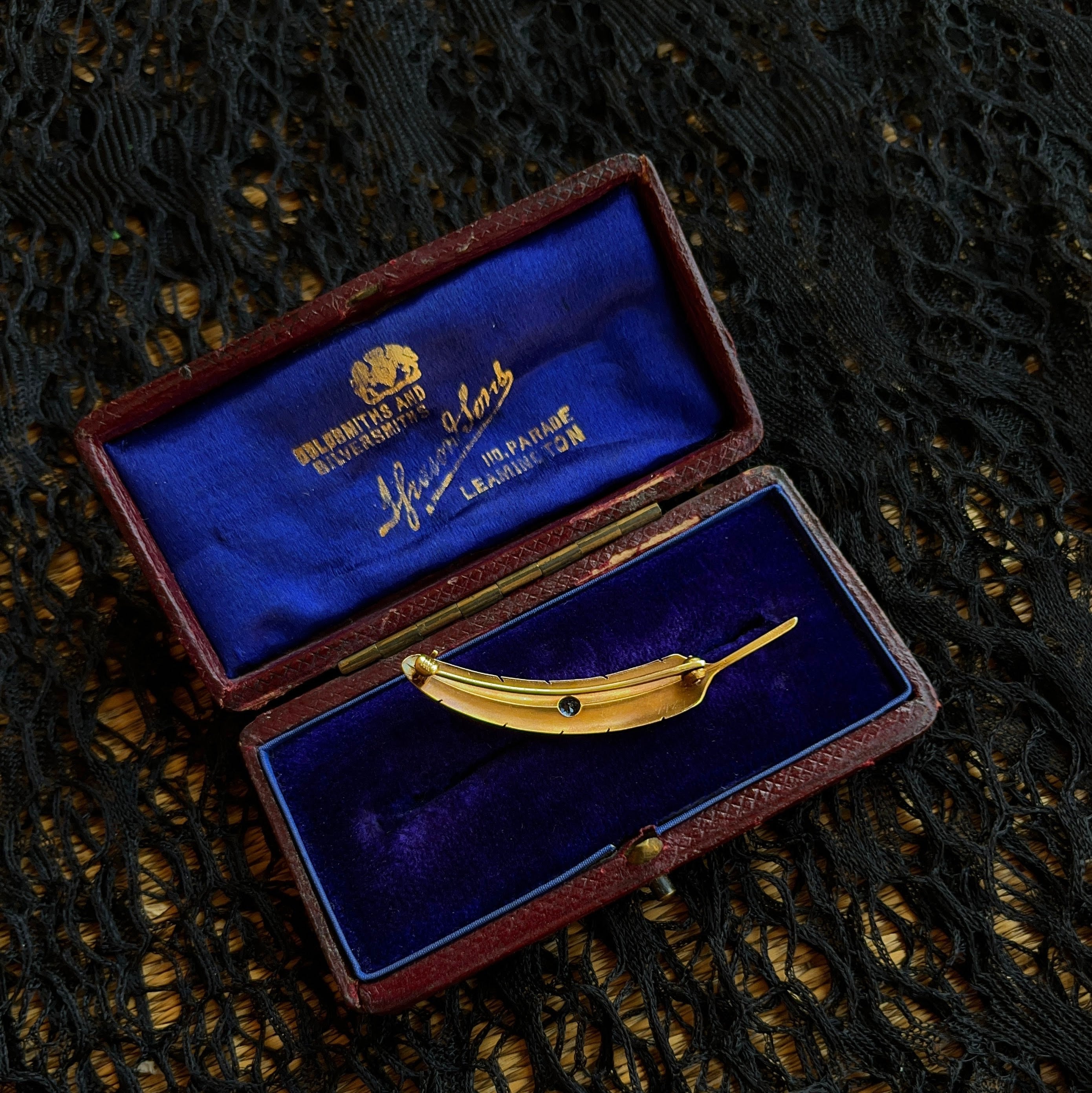 c. 1910s-1920s Wordley Allsopp &amp; Bliss 14K Gold Sapphire Feather Brooch