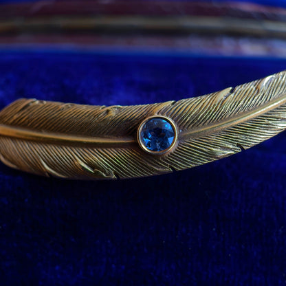 c. 1910s-1920s Wordley Allsopp &amp; Bliss 14K Gold Sapphire Feather Brooch