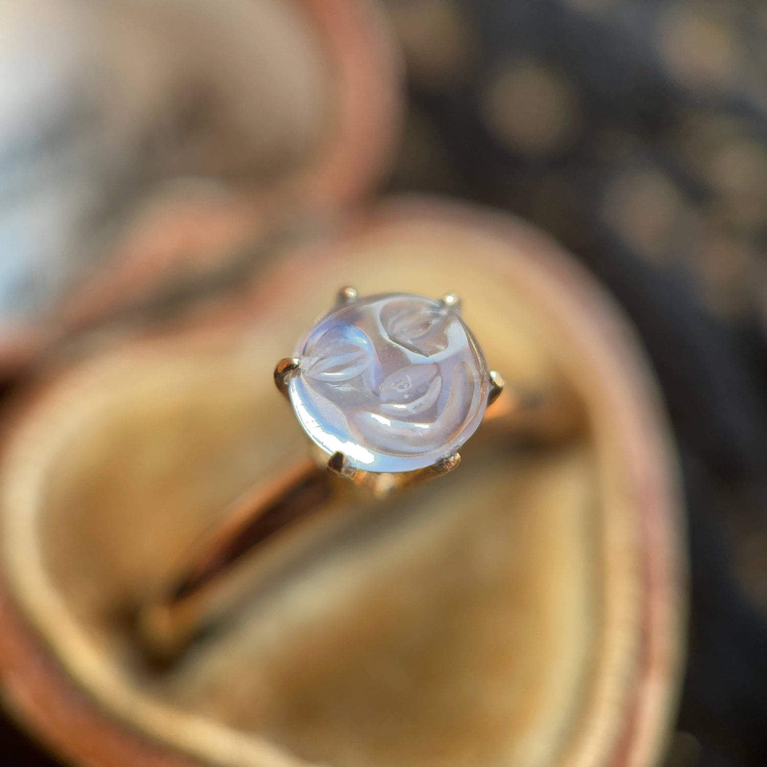 c. 1910s-1920s 9k Gold Moonstone Moon Face Ring