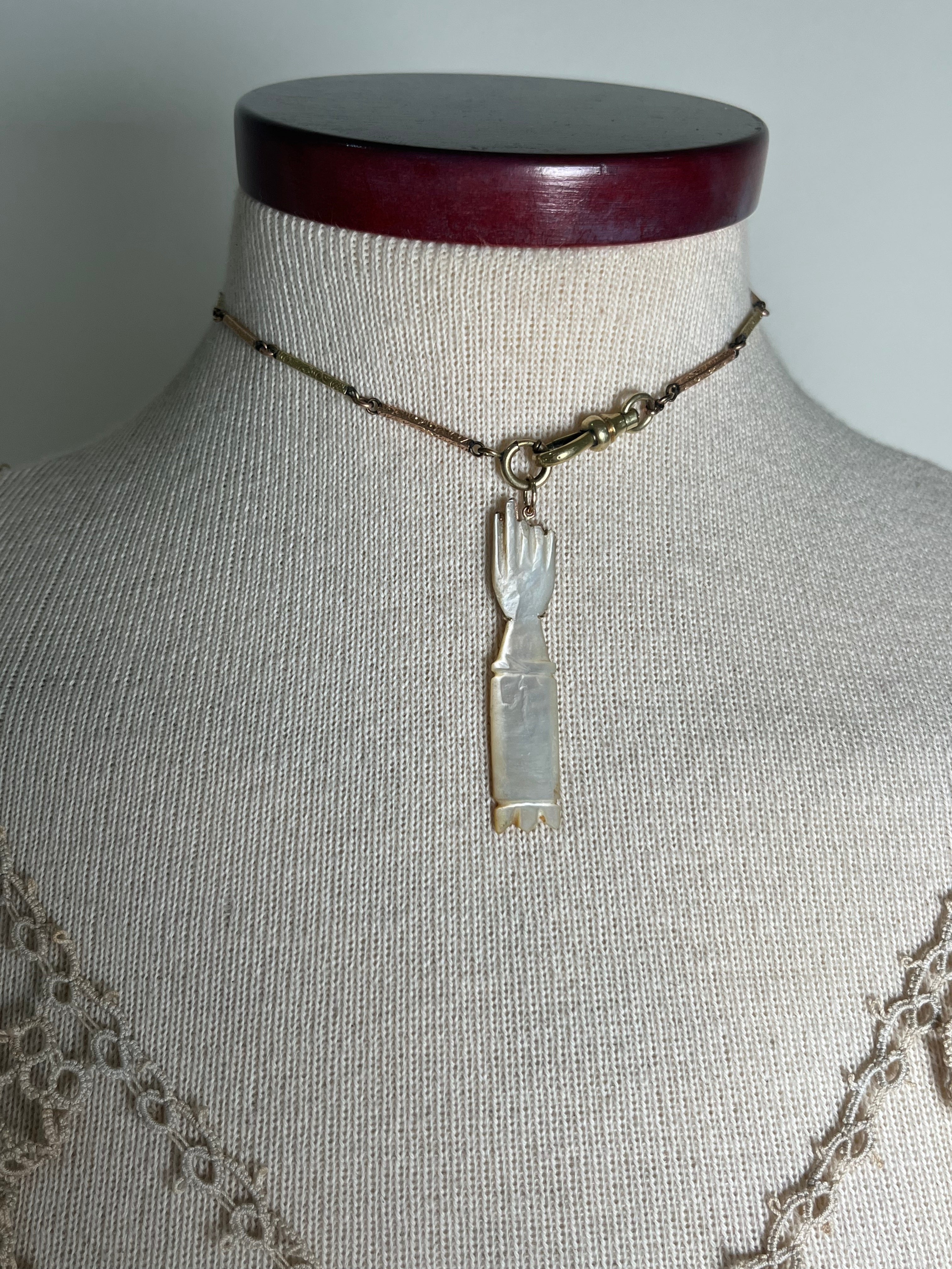 c. 1890s-1900s 14k Gold Mother of Pearl Hand Pendant