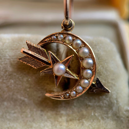 c. 1890s Gold Celestial Moon + Star Earrings
