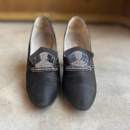 c. 1920s-1930s Black Silk Beaded Pumps | Approx Sz. 5