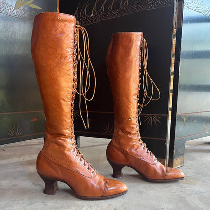 c. 1910s-1920s Tall Brown Boots | Approx Sz. 5-6