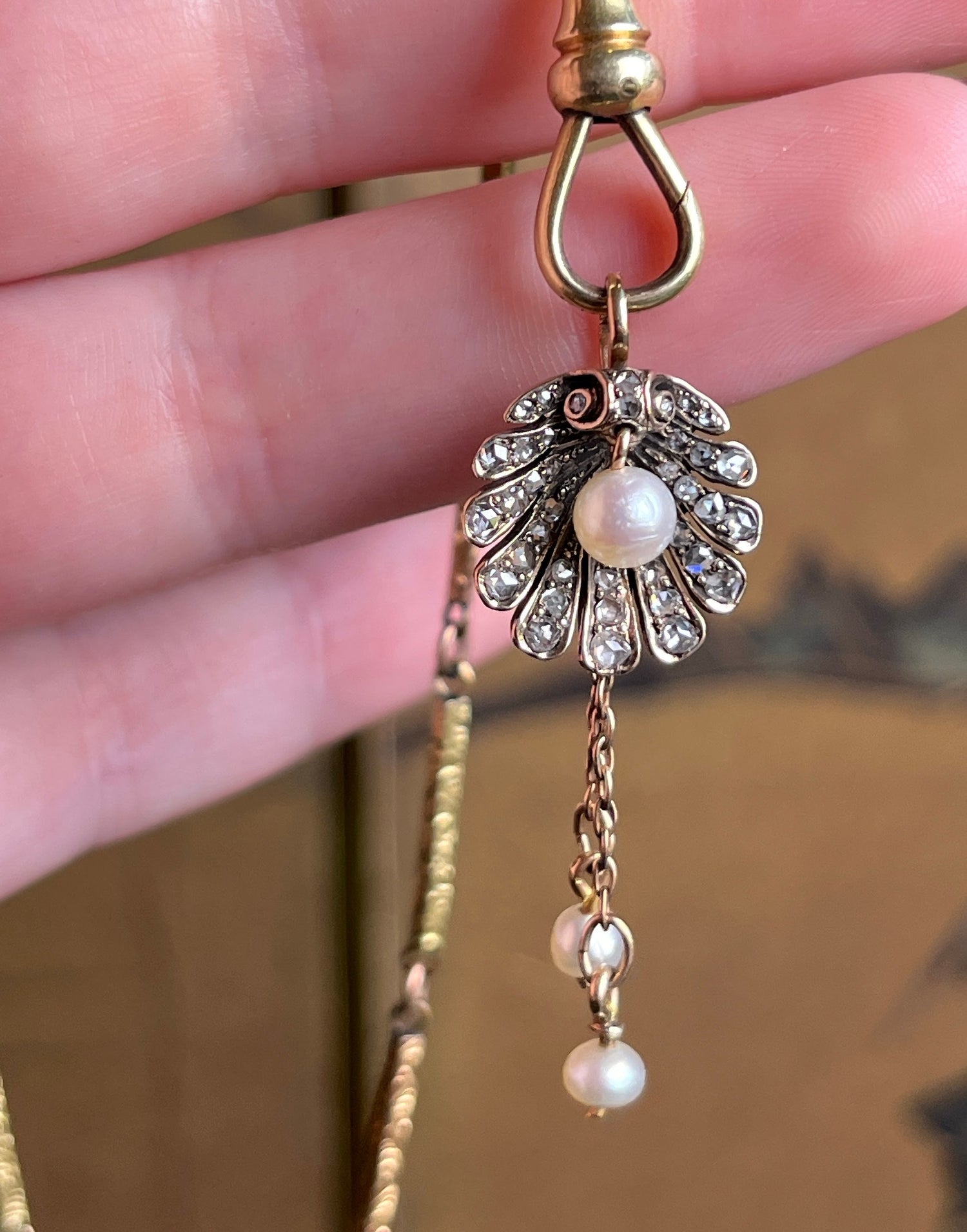 c. 1890s-1900s 18k Gold + Diamond Shell Pendant